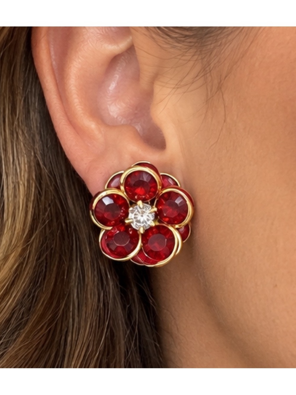 Avon Vintage Red & Gold Flower Clip-On Earrings